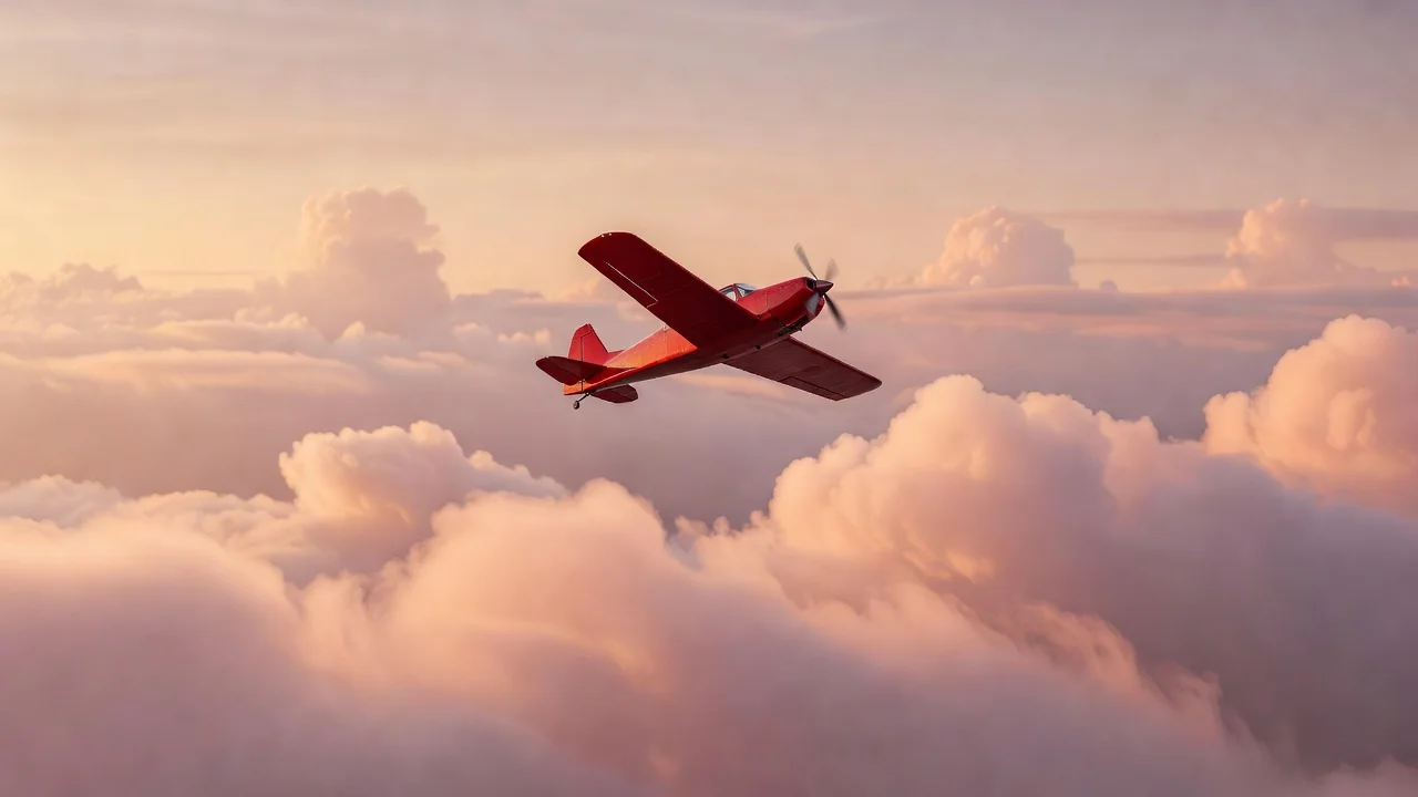 A small red propeller plane climbing above soft evening clouds